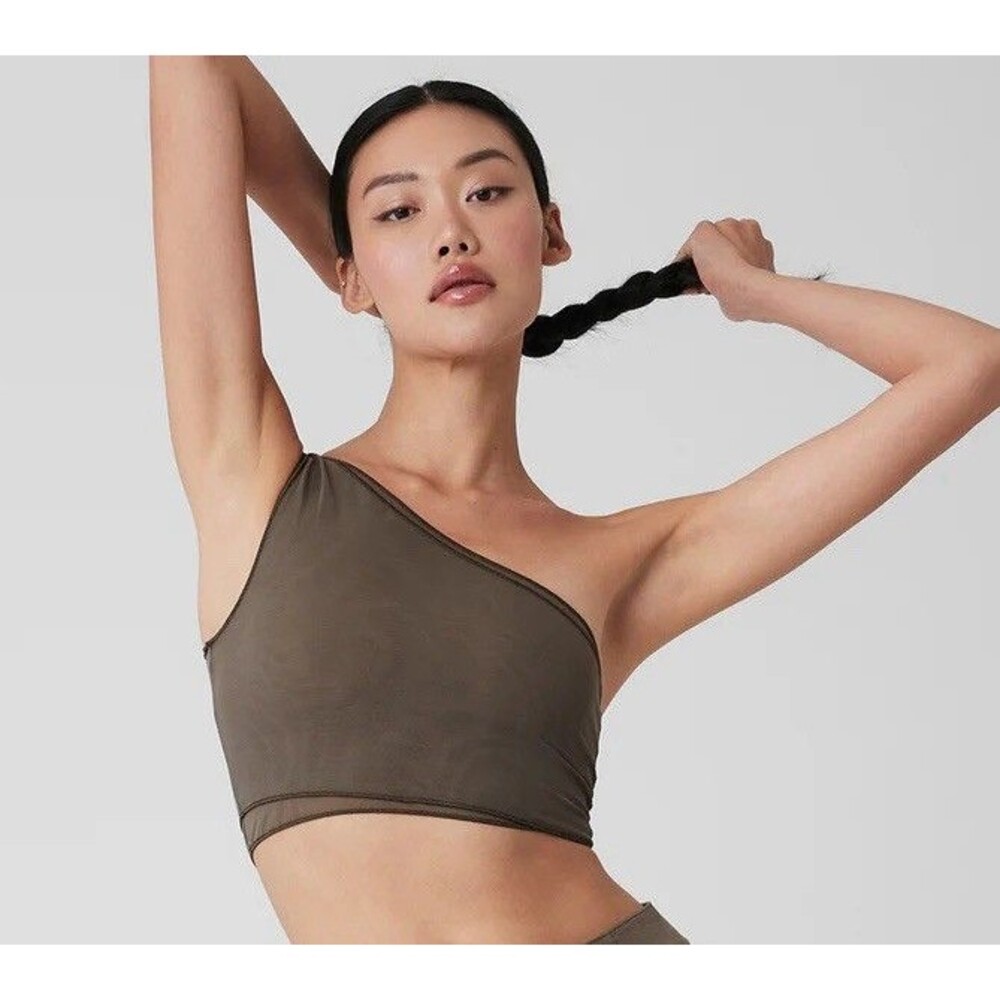 Alo Yoga Mesh Sheer Illusion Tank Women’s Medium Olive Tree One Shoulder Crop
